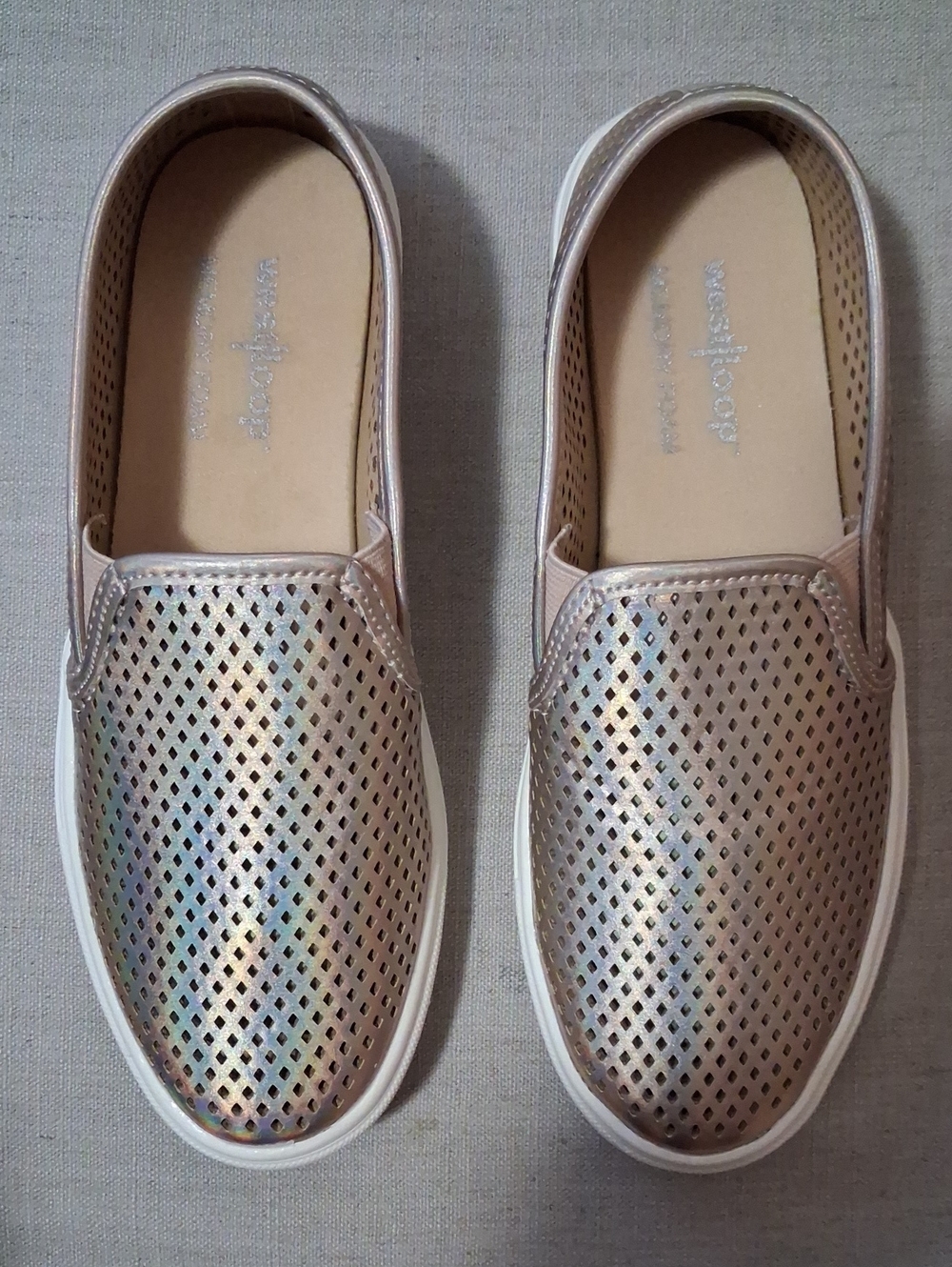 west loop Iridescent Rose Gold Perforated Slip-On Flats